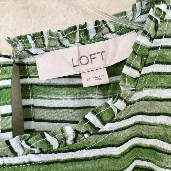 LOFT NWT Green White Striped Shirt Blouse Size Medium Ruffle Sleeves - Picture 4 of 9